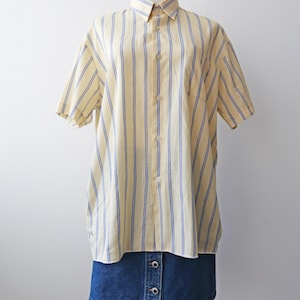 Vintage 90&#39;s butter yellow short sleeve shirt with blue and lilac stripe. Size UK 18.