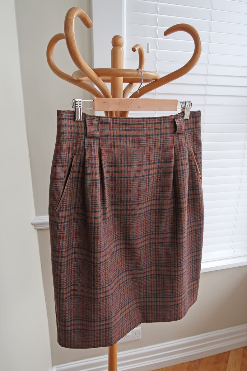 Vintage brown check wool skirt UK 12-14. Vintage 80s St.Michael checked wool skirt. Vintage pencil skirt in check. image 6