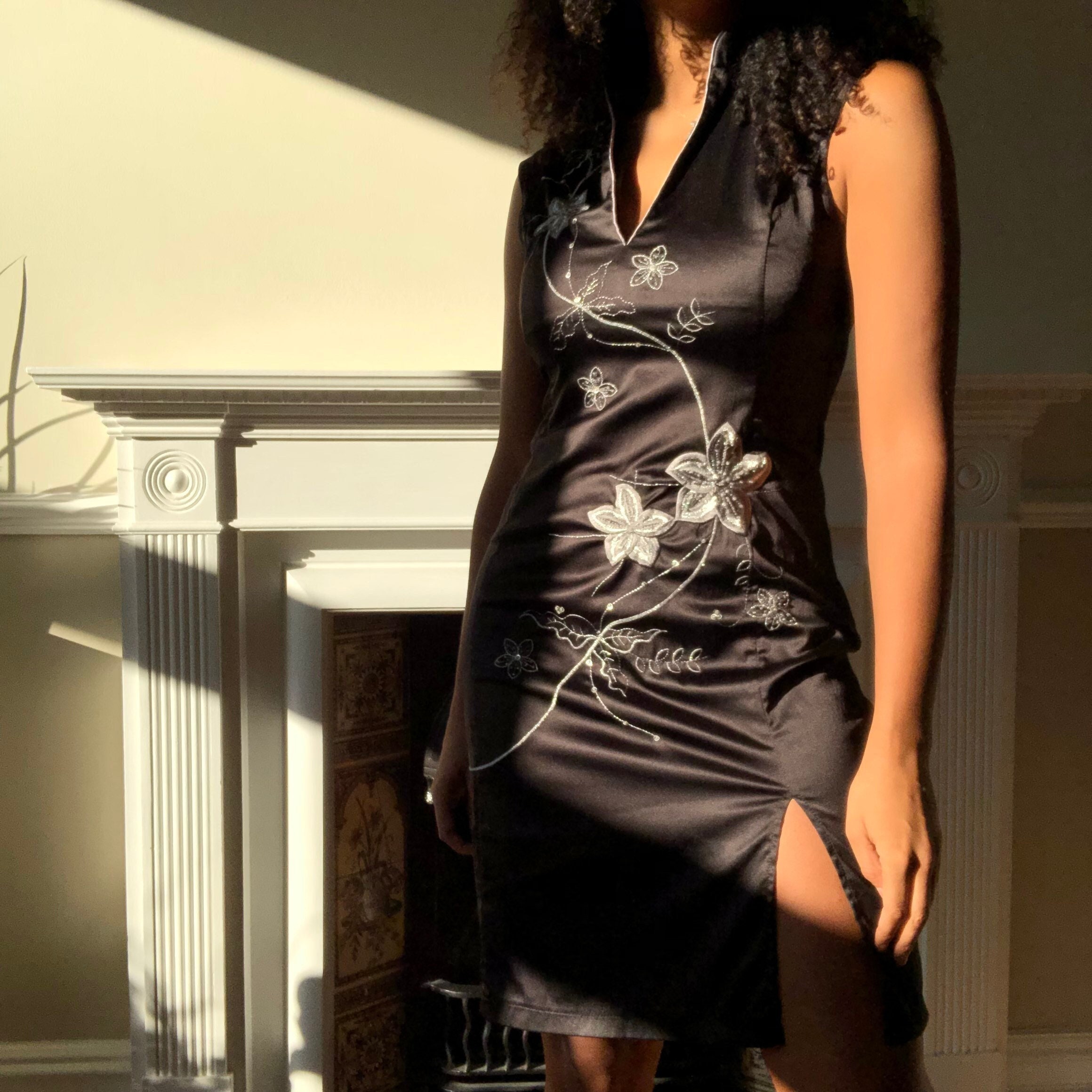 Vintage Y2K Jane Norman Embroidered Floral Dress. Vintage Chinese Inspired Black Dress. Vintage Black Cheongsam Inspired Dress. Etsy Canada