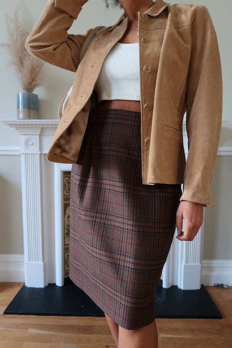 Vintage brown check wool skirt UK 12-14. Vintage 80s St.Michael checked wool skirt. Vintage pencil skirt in check. image 3