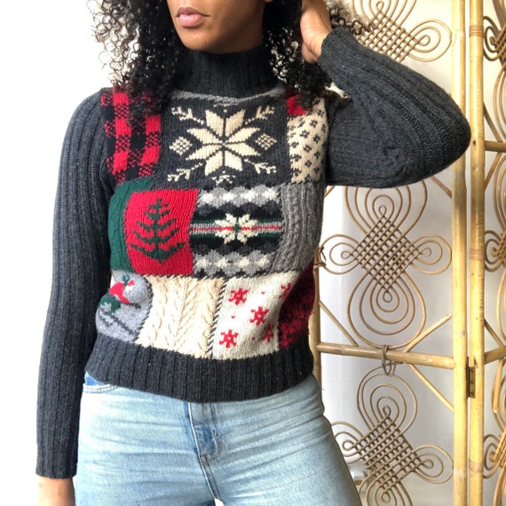 Vintage 70s high neck jumper. Vintage patchwork kn