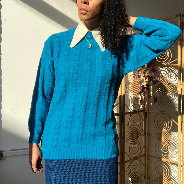 Vintage 80's cable knit jumper. Vintage bright blue cable knit jumper. 80s cable knit jumper.