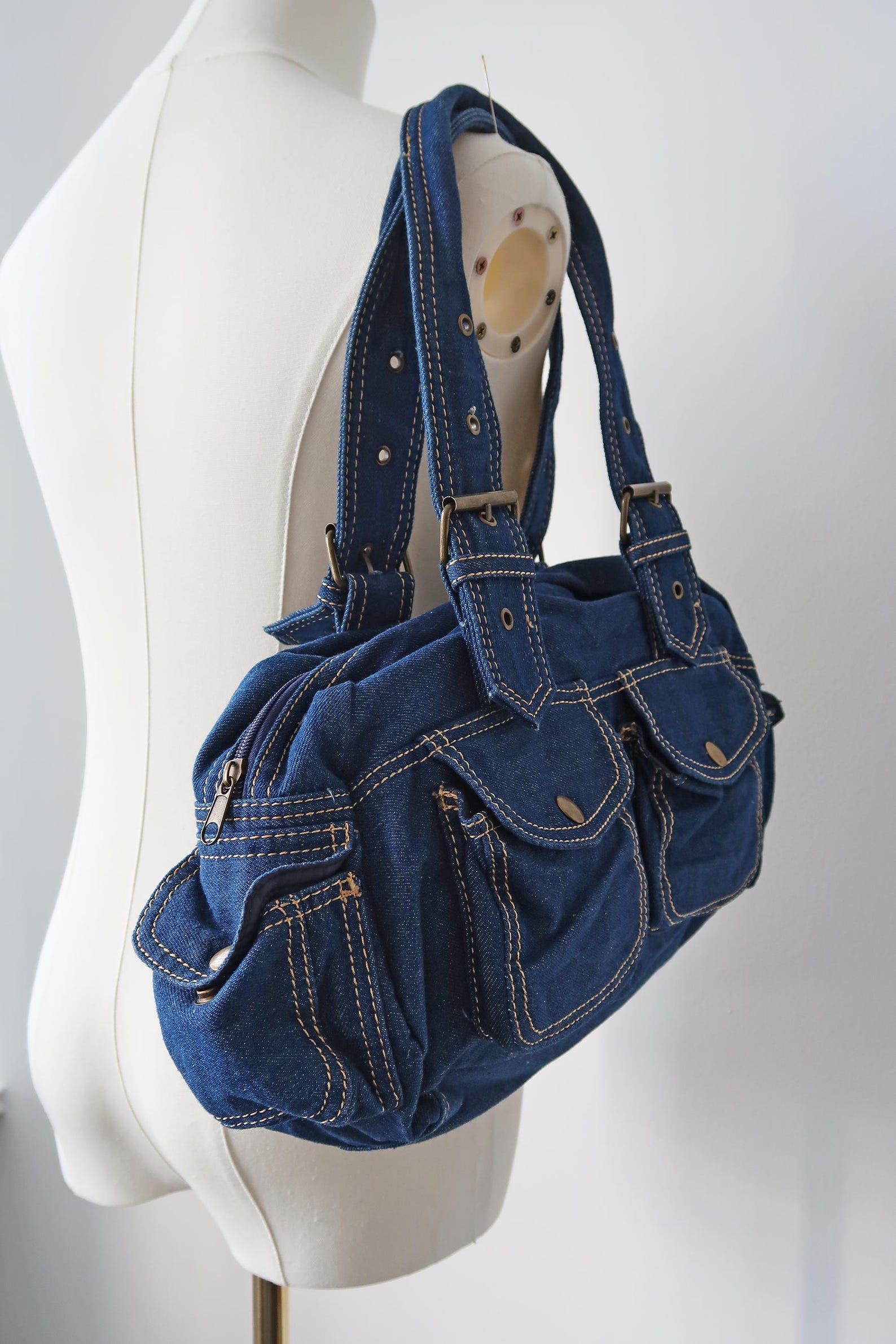 Vintage Y2K Dark Denim Shoulder Bag Vintage 2000 s Pocket Fabric vintage-y2k-dark-denim-shoulder-bag-vintage-2000-s-pocket-fabric