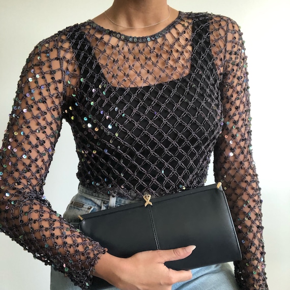 Vintage Mesh Top, 90's Sequin Mesh, Net Top, 90's