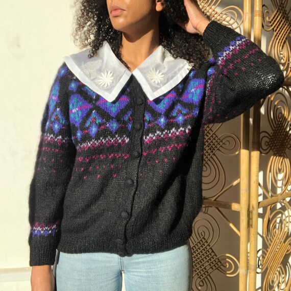 Vintage 80s fair isle knit cardigan. 80's mohair b