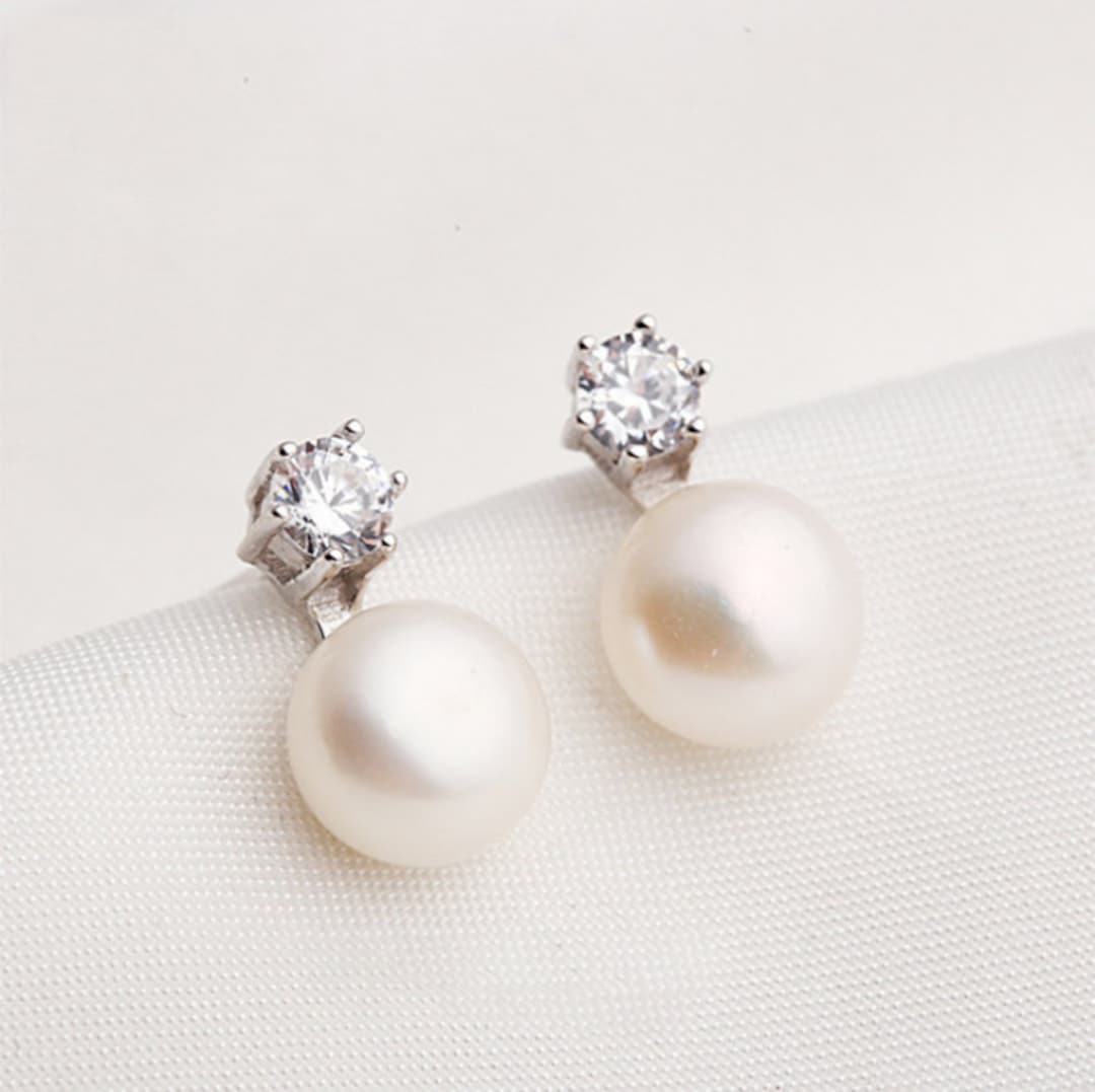 Freshwater Pearl Stud Earrings With Cubic Zirconia Stone - Etsy