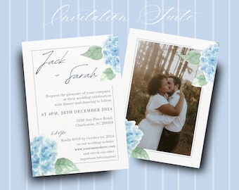 Dusty Blue Hydrangea Wedding Invitation Suite: Canva Template (Instant Download 5x7in )