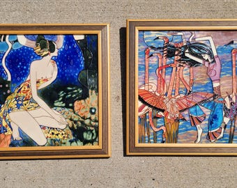 2 Piastrelle artistiche in ceramica incorniciate di 徐奔 (Xu Ben) raffiguranti le "Danzatrici" di Ting Shao Kuang