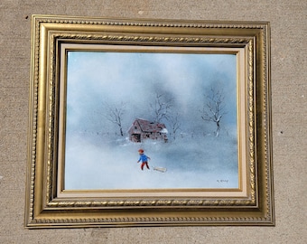 Vintage Max Karp Enamel on Copper Painting - Boy with Sled Winter Landscape