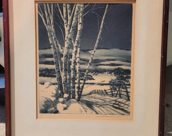Samuel Margolies, "Prados durmientes", grabado original firmado, paisaje invernal de la década de 1940 con abedules.