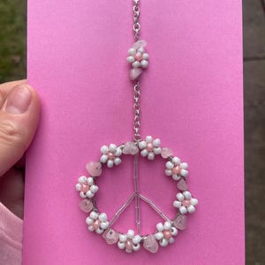 Rose Quartz, Beaded flower, Car mirror Charm, Peace sign Suncatcher, car accessories, Window suncatcher , hippie decor, light catcher, gifts