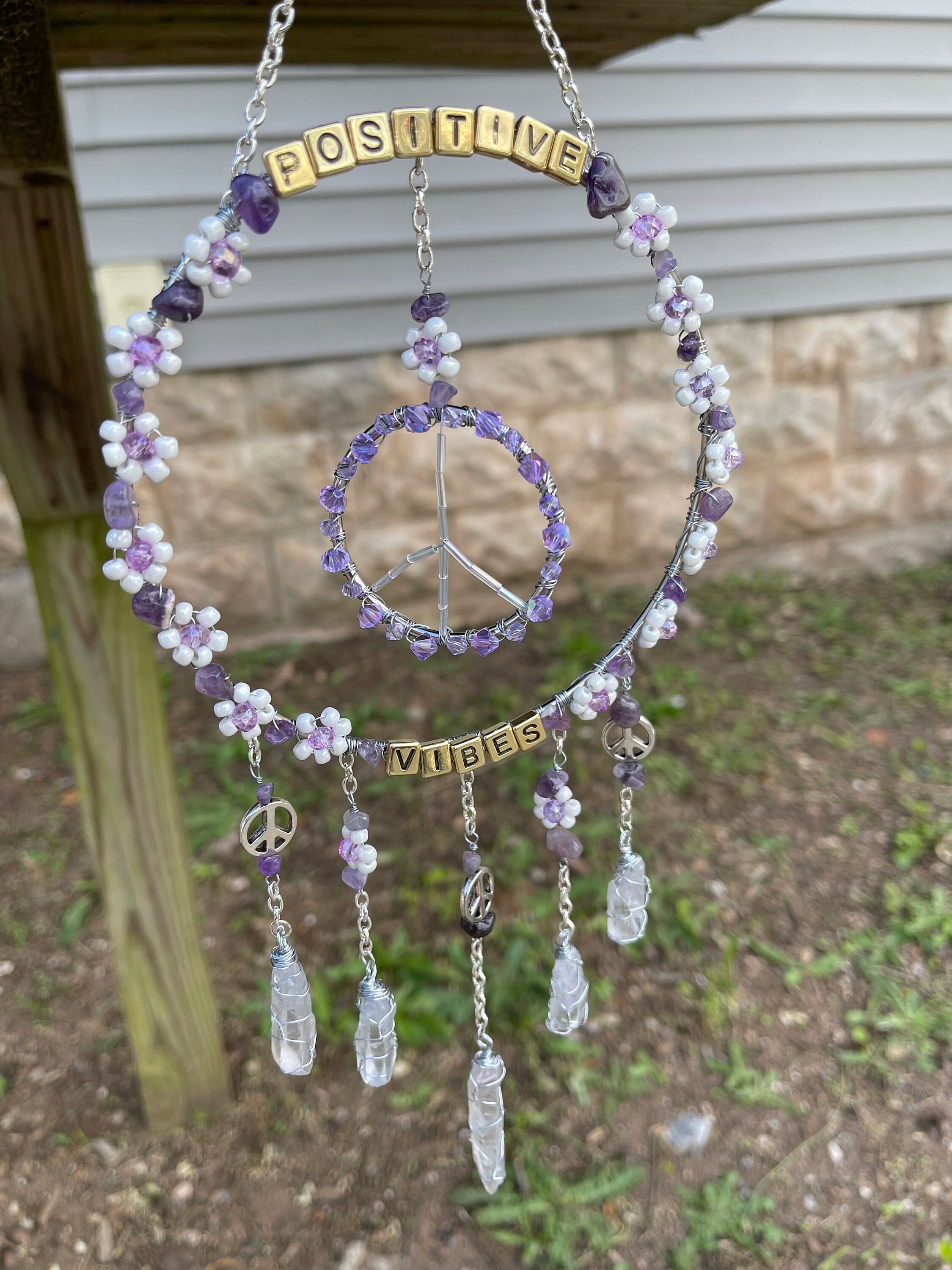 Amethyst Gemstone, Beaded Flowers, Peace Sign Sun Catcher, Crystal ...