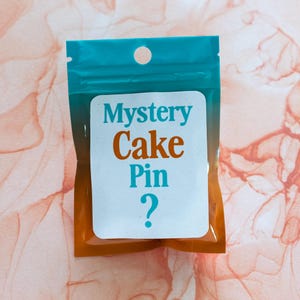 May include: A teal and orange sealed bag containing a mystery cake pin. The bag has a white label with the words "Mystery Cake Pin" in teal and orange, with a question mark below. The bag is sealed at the top and has a hole.