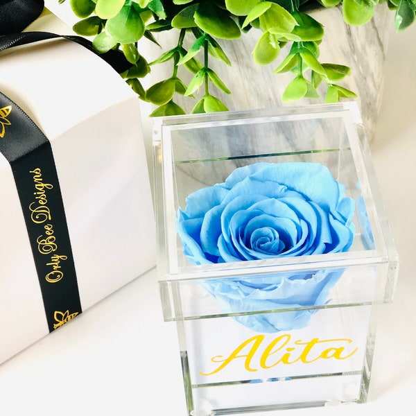 Preserved Single Rose in a Personalized Acrylic Box-Forever Eternity Rose -Custom made Gifts for her- Wedding Favors Gifts-Bridesmaids Gifts