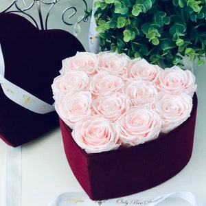 Burgundy Velvet Heart Box with Preserved Roses: Anniversary Bouquet