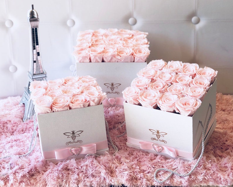 Preserved Rose Arrangement in a Textured White or Black Square Gift Box Available in 3 Sizes