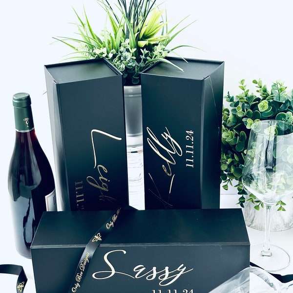 Bottle Gift Box Personalized Empty Box-Black Magnetic Closure- Groomsman Proposal-Wine Lovers Housewarming Gift-Valentine's Day Gift for Him