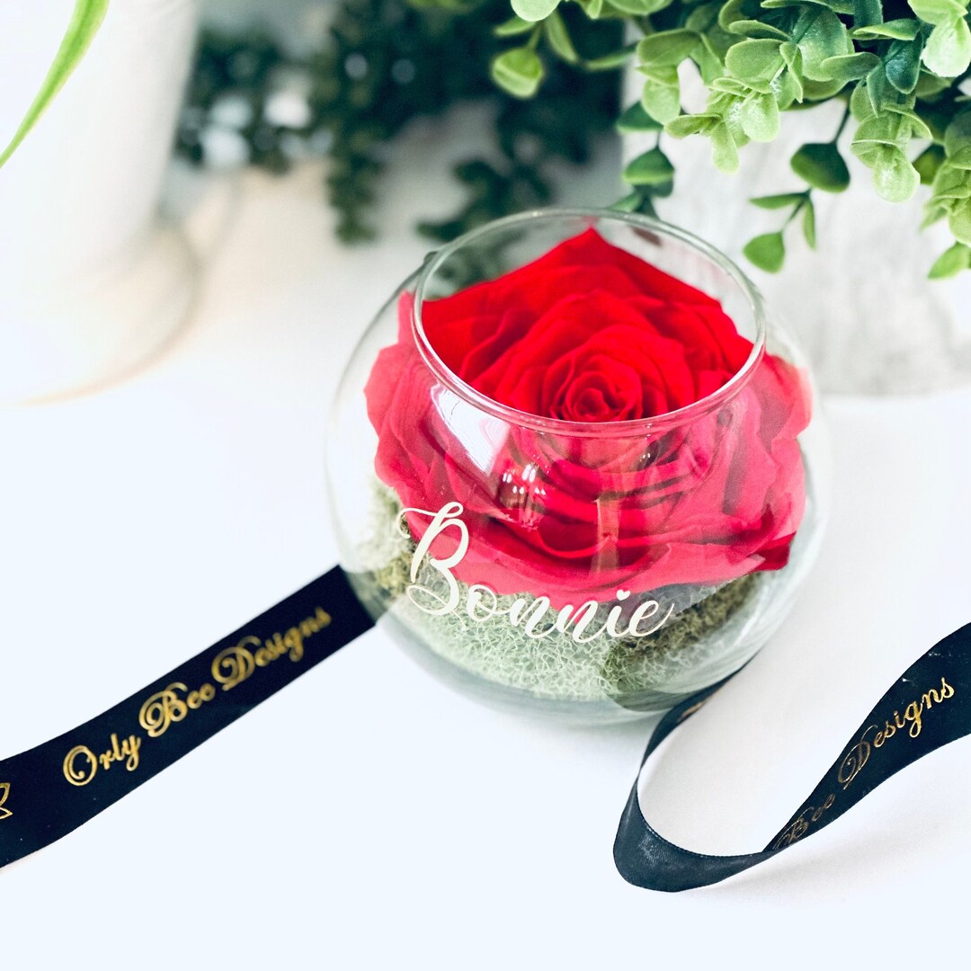 Elegant Preserved Rose in Glass Bowl Personalized Friendship & Mom