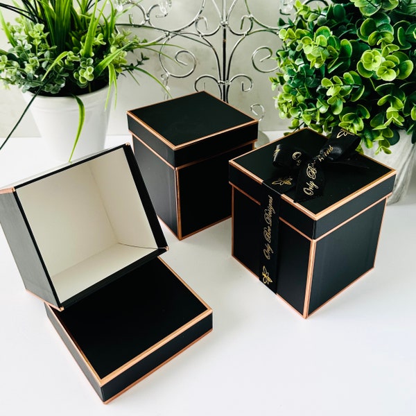 Empty Small Black Rose Gold Holiday Décor Box - Elegant Sturdy Gift Container - Black and Rose Gold Empty Gift Box