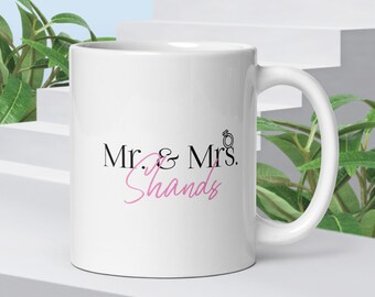 Coffee Mug Gift Mr. & Mrs. White glossy mug, Personalized Newlywed Gift, Bride to Be Gift