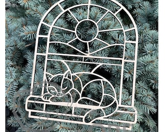 Plantilla de marco para atrapasoles de ventana con diseño de gato – Diseño de vidriera cortado con láser (SVG, DXF)