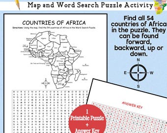 Countries of Africa Printable Map and Word Search Puzzle Activity