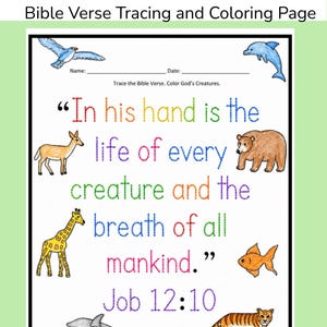 May include: A Bible verse tracing and colouring page titled Job 12:10. The page features the text In his hand is the life of every creature and the breath of all mankind, surrounded by illustrations of a bird, dolphin, deer, bear, giraffe, fish, shark, and tiger.