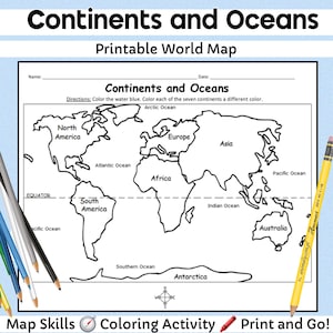 Könnte beinhalten: Ein druckbares Weltkarten-Arbeitsblatt mit dem Titel Continents and Oceans mit Zeilen für Name und Datum. Die schwarz-weiße Umrisskarte zeigt beschriftete Kontinente und Ozeane, eine Windrose und Ausmalanweisungen, begleitet von Buntstiften.