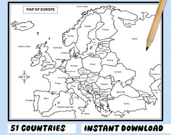 Könnte beinhalten: Eine schwarz-weiße, druckbare Europakarte mit beschrifteten Ländern, einer Windrose und dem Text MAP OF EUROPE, 51 COUNTRIES, INSTANT DOWNLOAD, PRINTS IN BLACK AND WHITE, ergänzt durch einen Holzstift in der oberen rechten Ecke.
