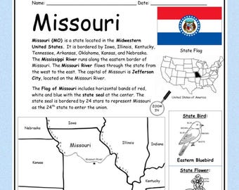 Missouri State Study | Introductory Geography Worksheet | Map and Flag | Reading Comprehension