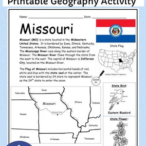 以下が含まれることがあります： 「Introduce Missouri」と題された印刷可能な地理アクティビティワークシート。ミズーリ州と周辺の州の地図、州旗、米国の地図、ルリツグミのイラスト、サンザシの一種であるCrataegus punctataの花の図面が含まれています。