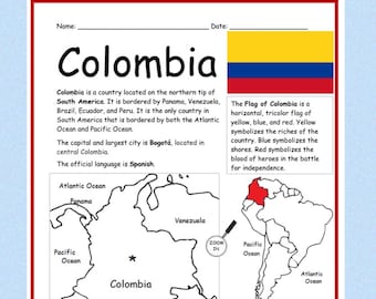 Colombia Country Study | Introductory Geography Printable Worksheet