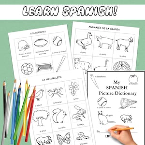 Diccionario ilustrado en español imprimible y libro para colorear para principiantes
