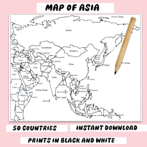 Druckbare Karte von Asien, 50 Ländern, schwarz und weiß
