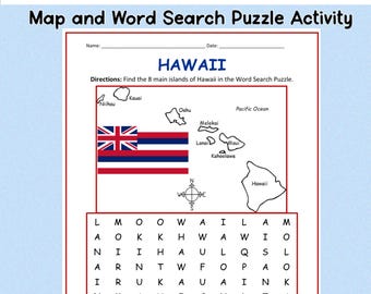 Hawaii Islands Map and Word Search Puzzle Printable Activity