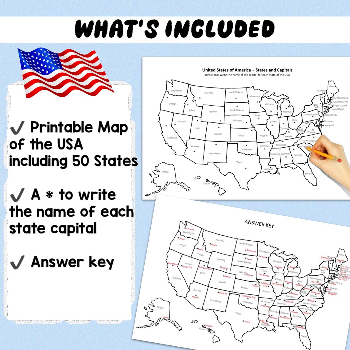 USA 50 States and Capitals Printable Map and Quiz Activity Etsy