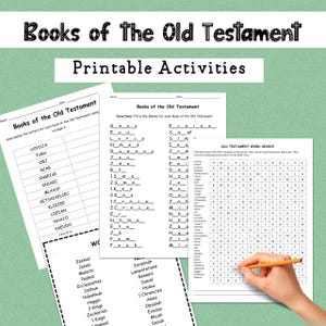 May include: Educational printable activities for the Old Testament, including fill-in-the-blank exercises, word searches, and unscramble puzzles. The worksheets feature a list of books from the Old Testament and are designed for educational use.