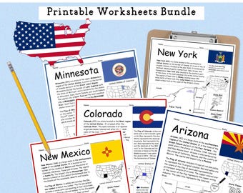 50 States of the USA Printable Worksheets Bundle