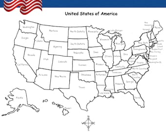 May include: A black and white outline map of the United States of America, with state names labeled. The American flag is in the upper left corner. A compass rose is at the bottom.