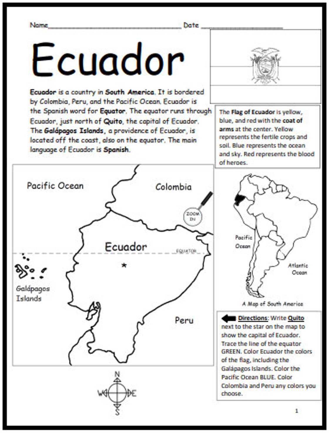 Countries of South America Printable Introductory Geography Worksheets