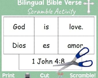 Bilingual Bible Verse Scramble Activity | 1 John 4:8 | God is Love | Dios es amor