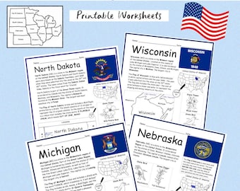 Folhas de exercícios de geografia para imprimir sobre os estados da região Centro-Oeste dos EUA.