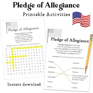 Może przedstawiać: Dwa arkusze do druku z tekstem "Pledge of Allegiance" i flagą USA. Jeden arkusz to wyszukiwanie słów, drugi to ćwiczenie dopasowywania. Ołówek jest dołączony do obrazu. Widoczne są również słowa "Natychmiastowe pobieranie".