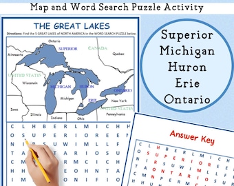 The Great Lakes of North America Map and Word Search Puzzle (Instant Download)