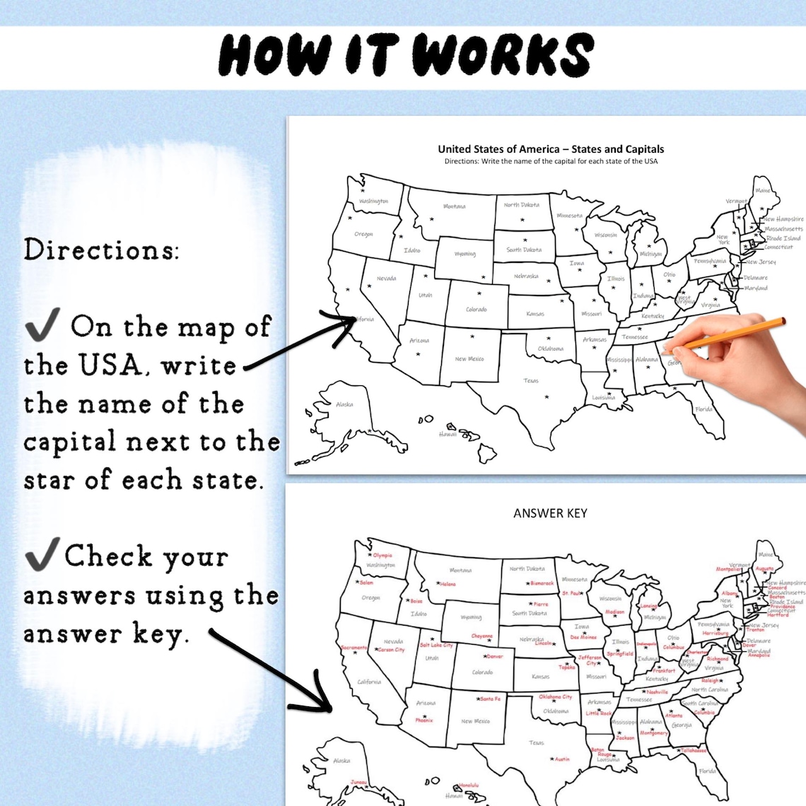 USA 50 States and Capitals Printable Map and Quiz Activity Etsy