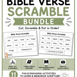 May include: A Bible Verse Scramble bundle featuring two printable activity sheets with words to cut and reorder. The text includes Colossians 3:2 and 1 Corinthians 6:14. The design uses black text on white paper with sage green accents and icons.