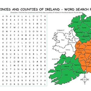 Irland Karte und Wortsuchrätsel zum Ausdrucken