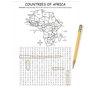 Op de afbeelding: Een woordzoeker met de titel "Landen van Afrika" met een kaart van Afrika en een lijst met landenamen. Een gele potlood ligt op de pagina. De puzzel daagt gebruikers uit om de 54 landen van Afrika te vinden.