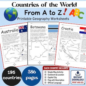 Pode incluir: Um conjunto de fichas de geografia imprimíveis intituladas Countries of the World From A to Z. O documento apresenta páginas educativas para a Austrália, Botsuana e Croácia, cada uma com mapa, bandeira e texto descritivo. Abrange 195 países.
