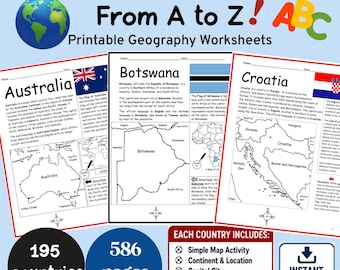 Countries of the World Printable Worksheets Bundle | 195 Countries from A to Z